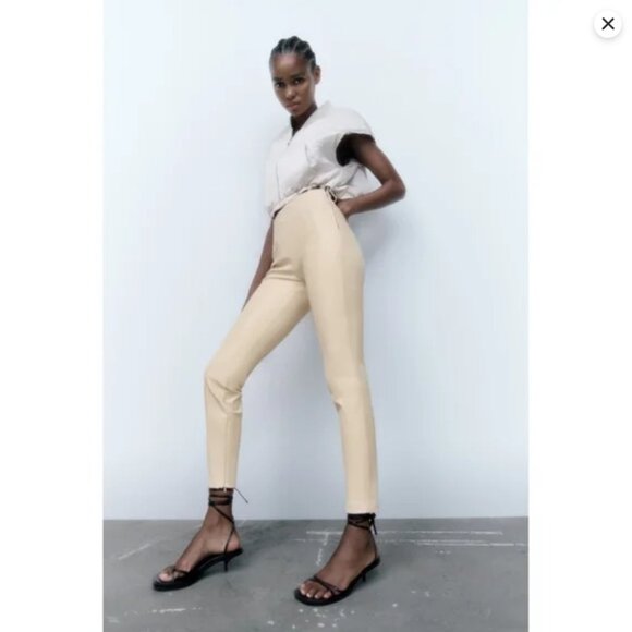 Zara Pants - Zara Vegan Leather Cream Leggings Zippers M Faux Leather Faux Front Pockets
